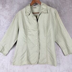 Edward Womens Sage Green 100% Linen Button Down Shirt Openwork Detail Size Large